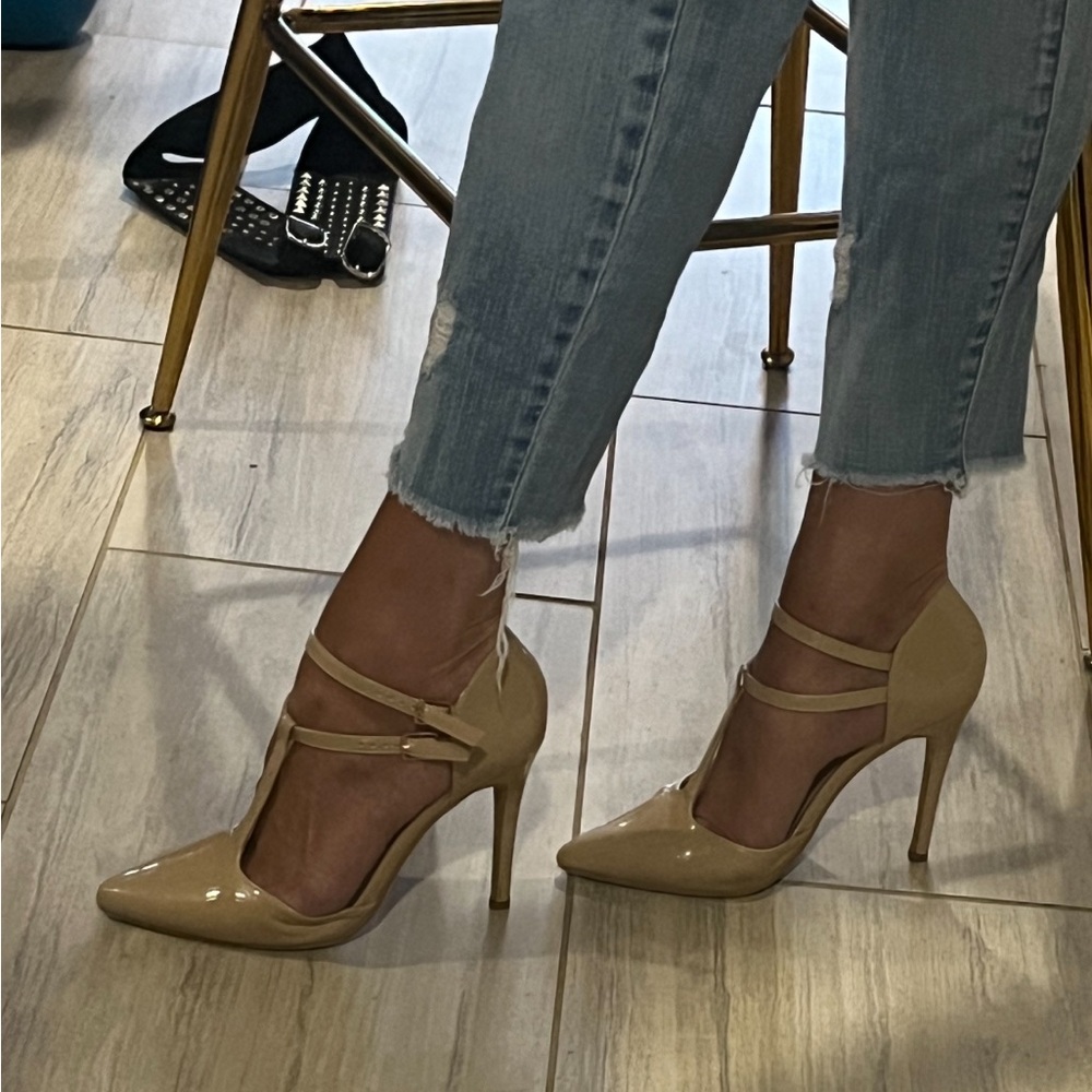 Nude colored patent leather double strap Mary Janes